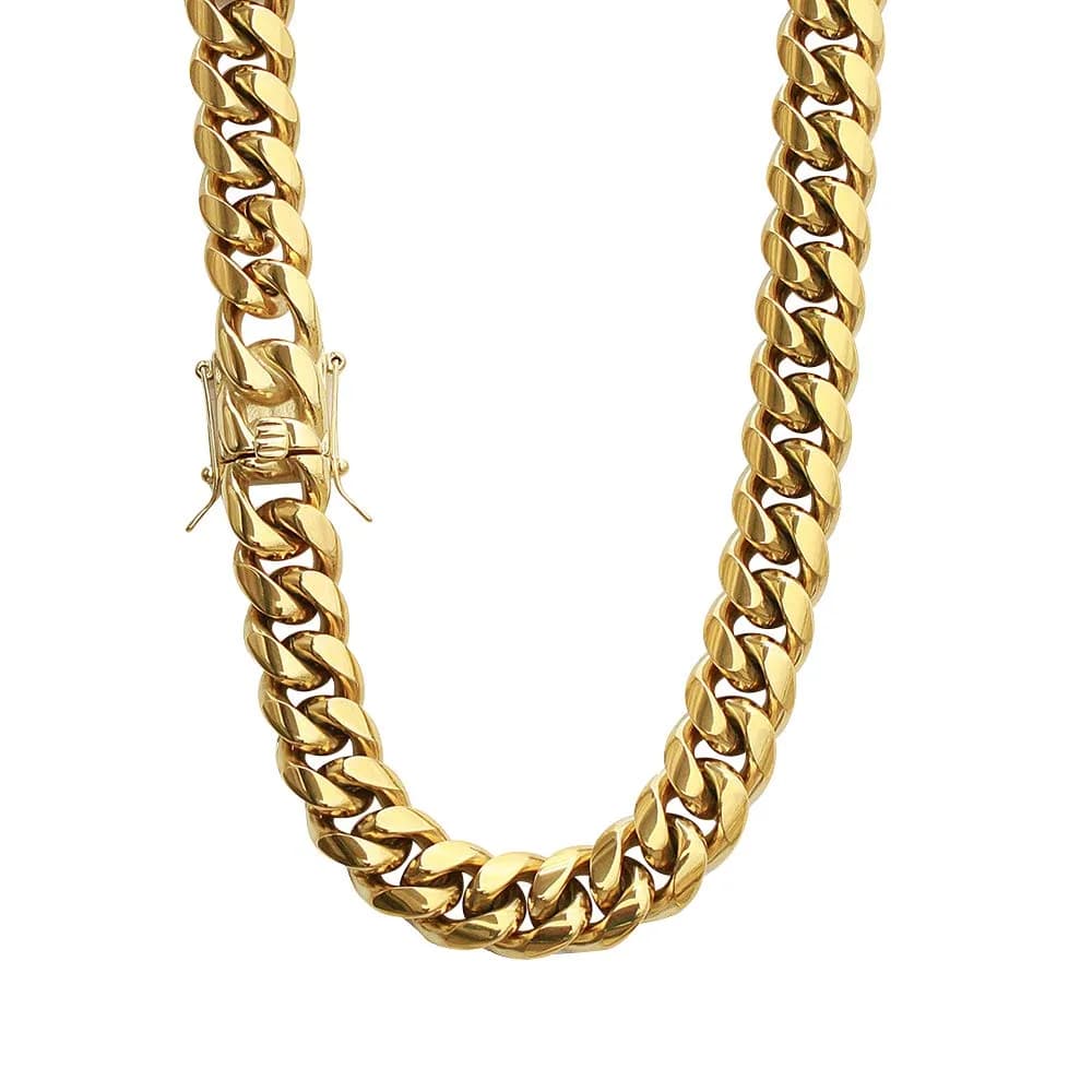 PY BLING Men's 12mm Miami Cuban Link Chain Necklace 26 Inch (66cm) | Heavy Gold Plated Stainless Steel thumbnail 1