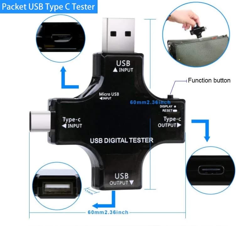 Eversame USB Power Meter Tester 2 in 1 Type C Digital Multimeter 60mm x 60mm x 11mm | Monitors Charging Performance thumbnail 5