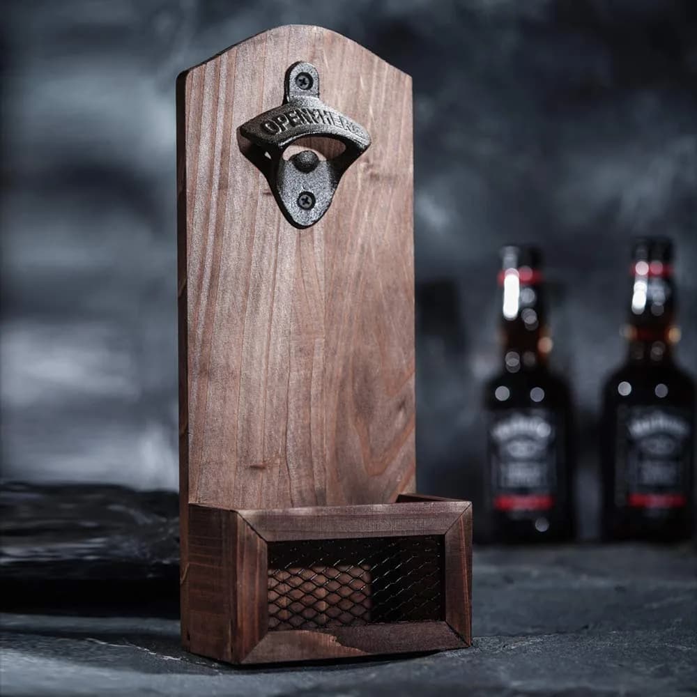 Arola Vintage Wooden Wall Mounted Bottle Opener | Cap Collector & Bar Decor (70-120 chars) — As shown