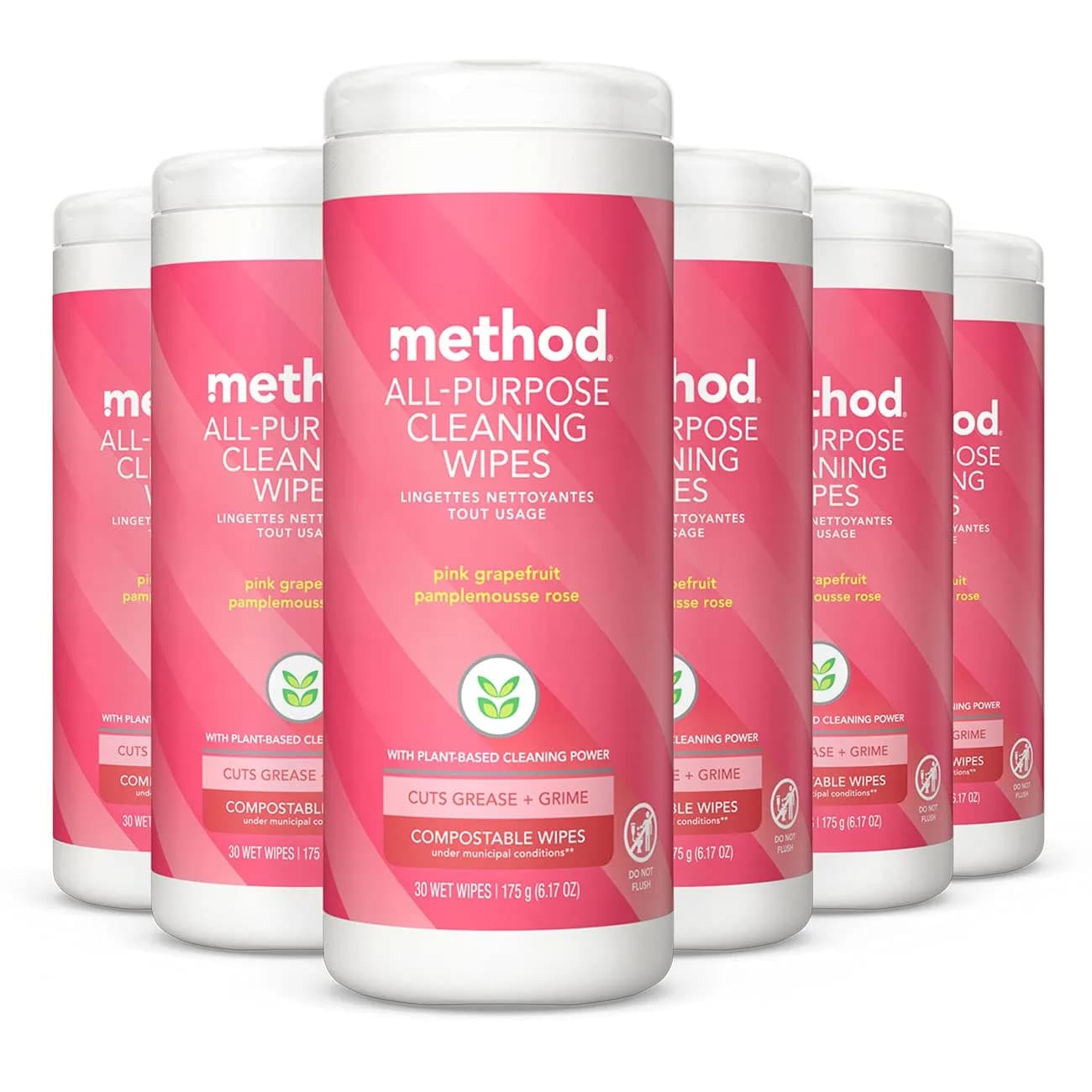 Method All-Purpose Cleaning Wipes, Pink Grapefruit, Multi-Surface, Compostable, 30 Count (Pack of 6) | Plant-Based, Biodegradable, 180 Wipes