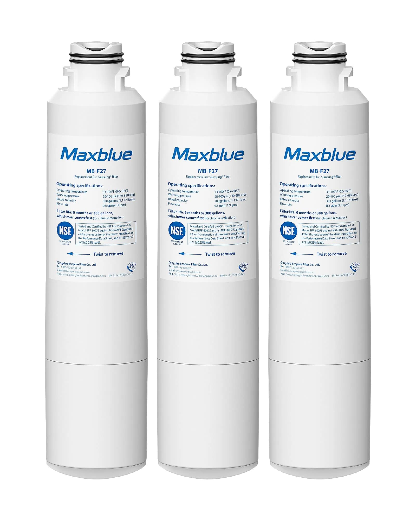 Maxblue MB-F27 Replacement for Samsung DA29-00020B Water Filter 3 Pack | NSF Certified, Lead-Free, Pure Water — White