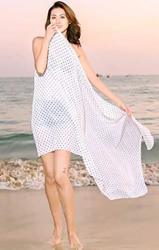 Block Garden Women's Swimsuit Cover up Sarong S07 White W Black Polka Dot | Lightweight Chiffon Beach Wrap thumbnail 4