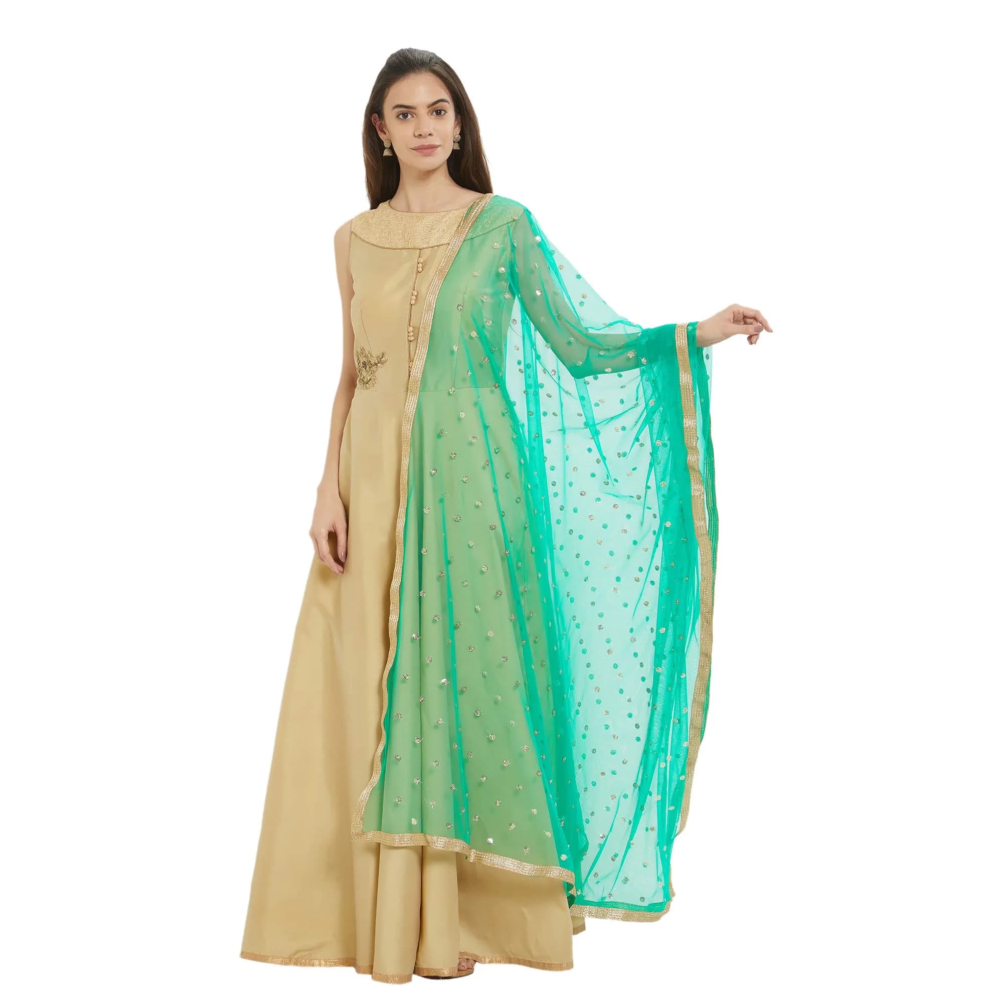 DUPATTA BAZAAR Embellished Red & Gold Net Dupatta 2.4m (8ft) | Party & Festive Wear — Green::gold