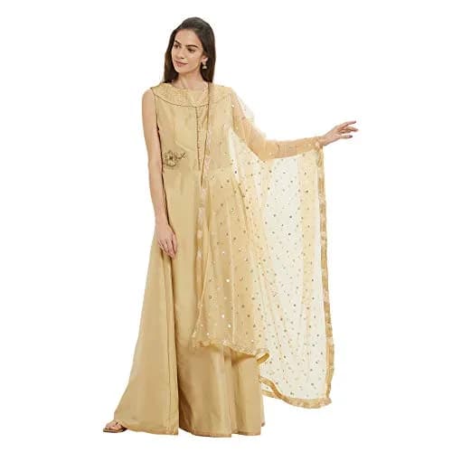 DUPATTA BAZAAR Embellished Gold Net Dupatta 2.4m (8ft) | Festive Wear with Gold Border thumbnail 1