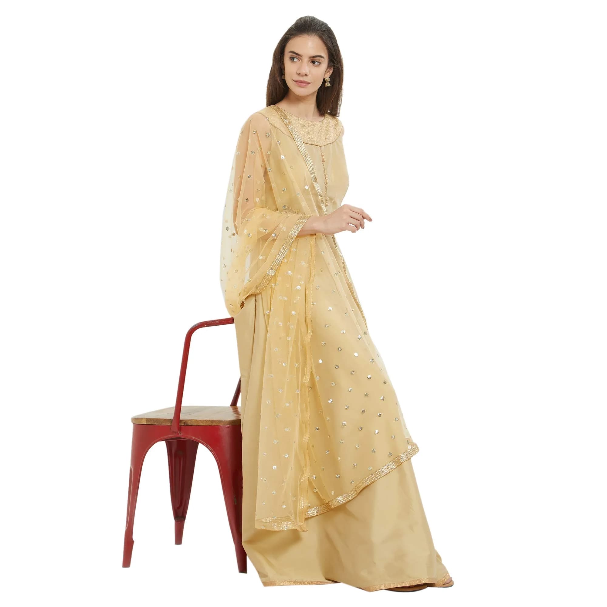 DUPATTA BAZAAR Embellished Gold Net Dupatta 2.4m (8ft) | Festive Wear with Gold Border - view 3