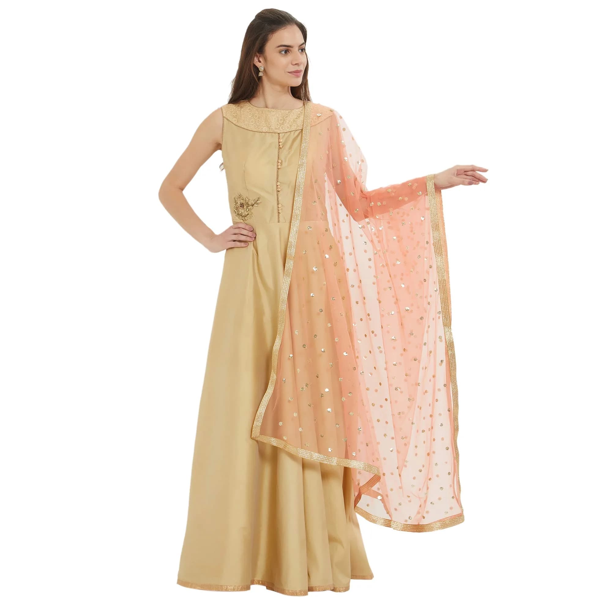 DUPATTA BAZAAR Embellished Peach Net Dupatta 2.4m (8.2ft) | Gold Border - main product image