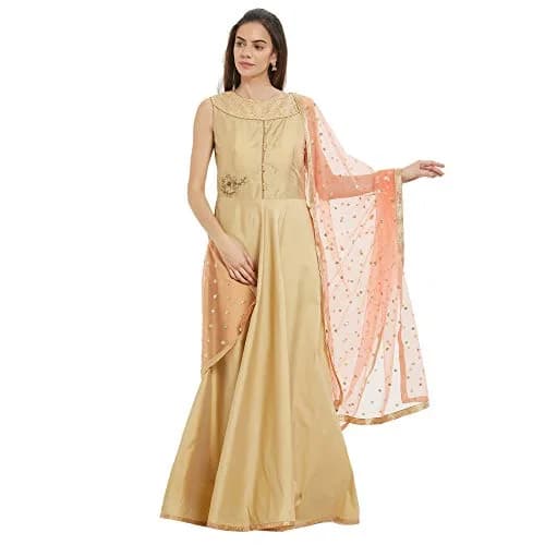 DUPATTA BAZAAR Embellished Peach Net Dupatta 2.4m (8.2ft) | Gold Border thumbnail 4