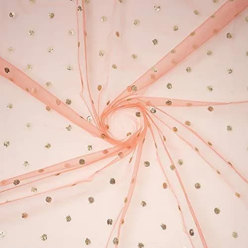 DUPATTA BAZAAR Embellished Peach Net Dupatta 2.4m (8.2ft) | Gold Border thumbnail 6