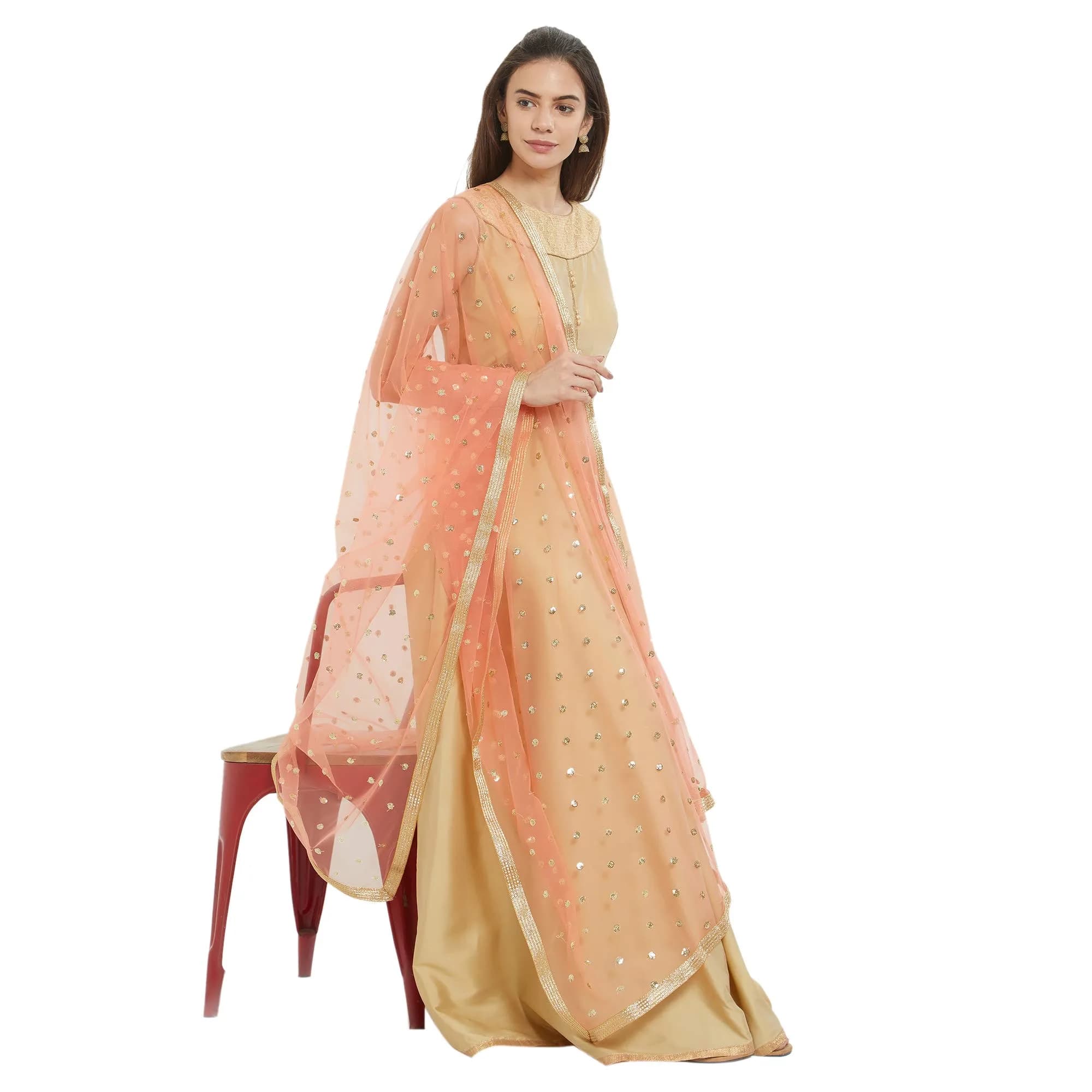 DUPATTA BAZAAR Embellished Peach Net Dupatta 2.4m (8.2ft) | Gold Border - view 7