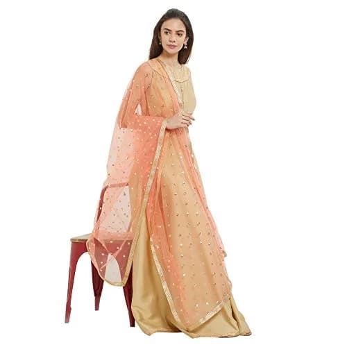 DUPATTA BAZAAR Embellished Peach Net Dupatta 2.4m (8.2ft) | Gold Border thumbnail 7