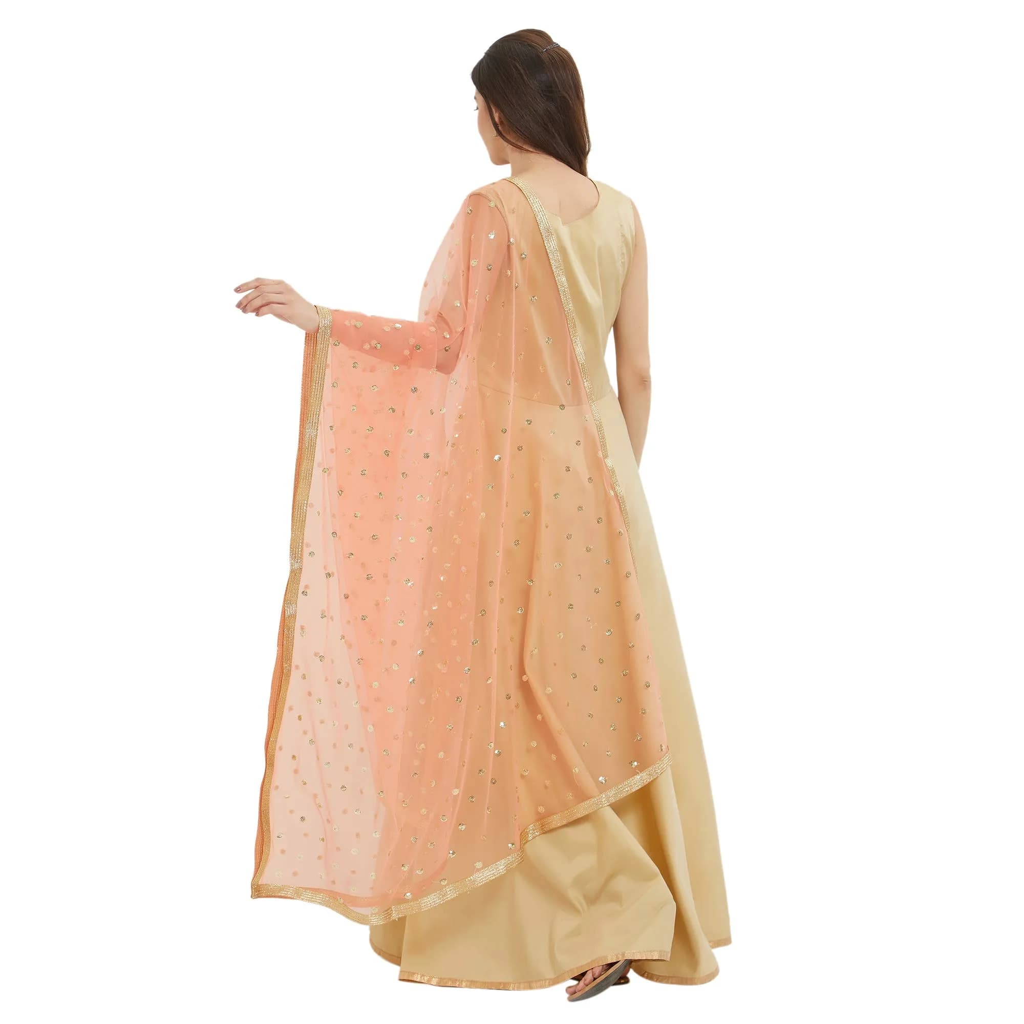 DUPATTA BAZAAR Embellished Peach Net Dupatta 2.4m (8.2ft) | Gold Border - view 2