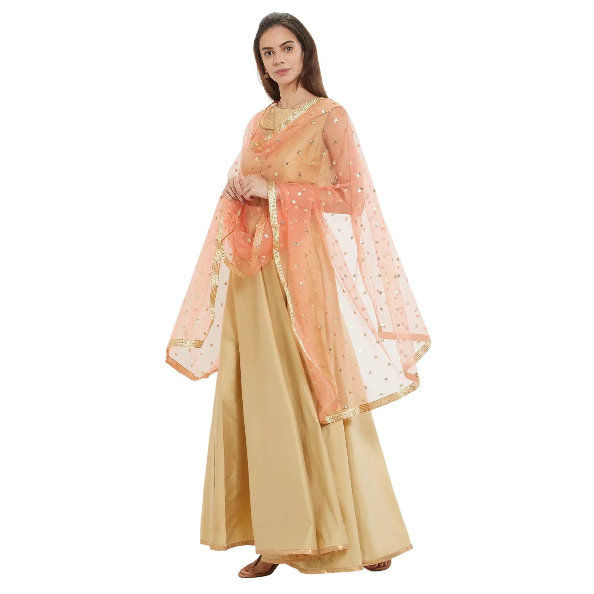 DUPATTA BAZAAR Embellished Peach Net Dupatta 2.4m (8.2ft) | Gold Border - view 3