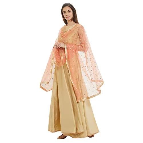 DUPATTA BAZAAR Embellished Peach Net Dupatta 2.4m (8.2ft) | Gold Border thumbnail 3