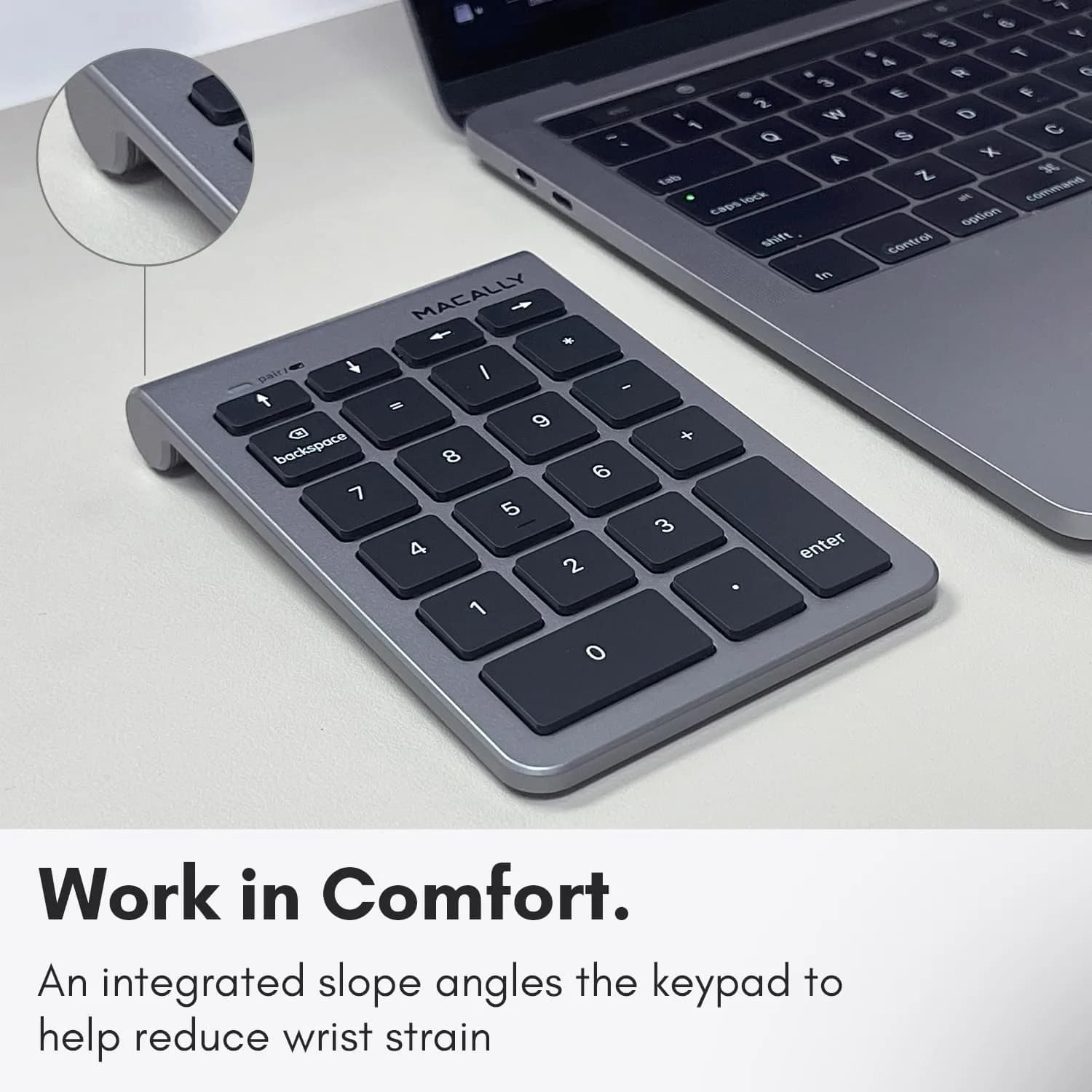 Macally BTNUMKEY22 Bluetooth Number Pad for Laptop - Wireless Numeric Keypad with Arrow Keys & Function Keys - Space Grey (13.2cm x 9cm x 1.7cm) - view 5