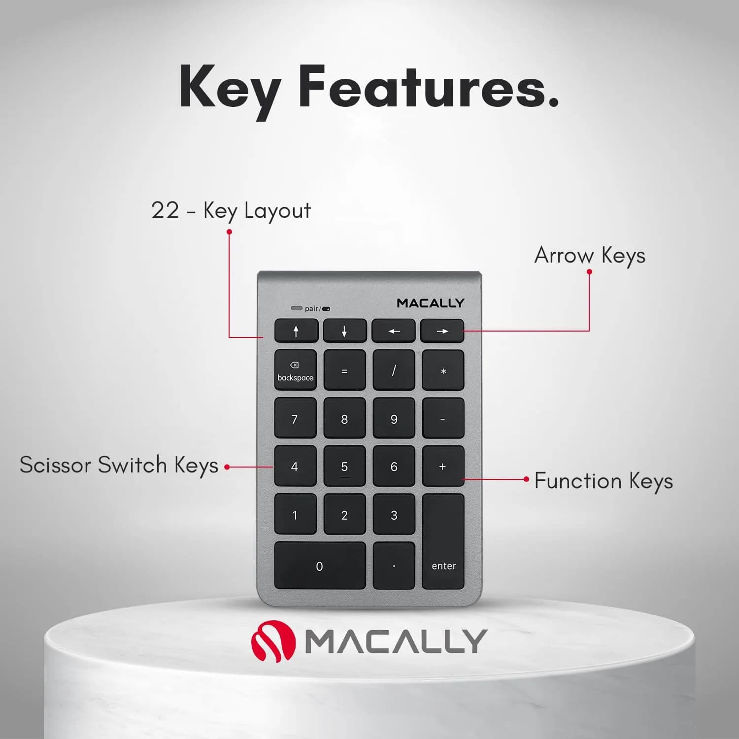 Macally BTNUMKEY22 Bluetooth Number Pad for Laptop - Wireless Numeric Keypad with Arrow Keys & Function Keys - Space Grey (13.2cm x 9cm x 1.7cm) - view 3