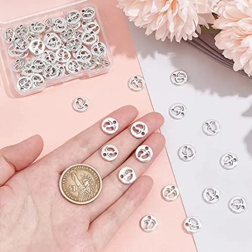 PH PandaHall 80pcs Footprint Charms Tibetan Style Silver Diameter 11mm | Baby First Step Pendant thumbnail 5