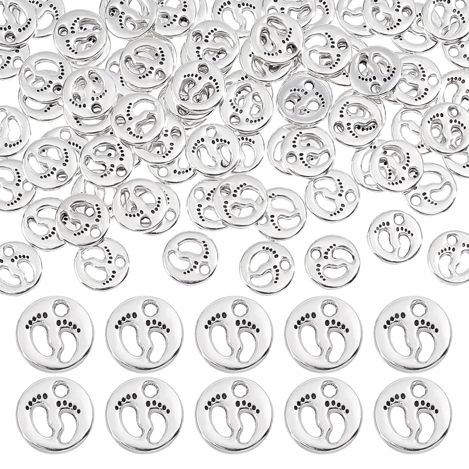PH PandaHall 80pcs Footprint Charms Tibetan Style Silver Diameter 11mm | Baby First Step Pendant