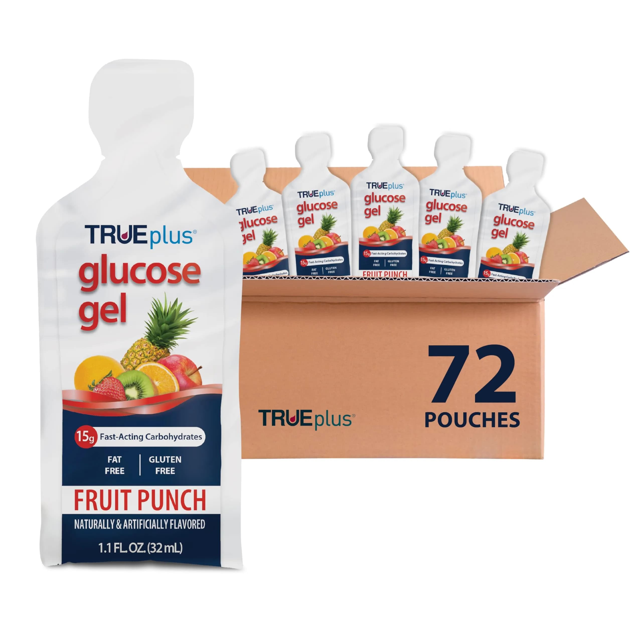 TRUEplus Glucose Gel Pouch, 15g Carbohydrates | Fruit Punch Flavor, 6 Pack, Travel-Ready, Gluten & Fat Free — (12 x