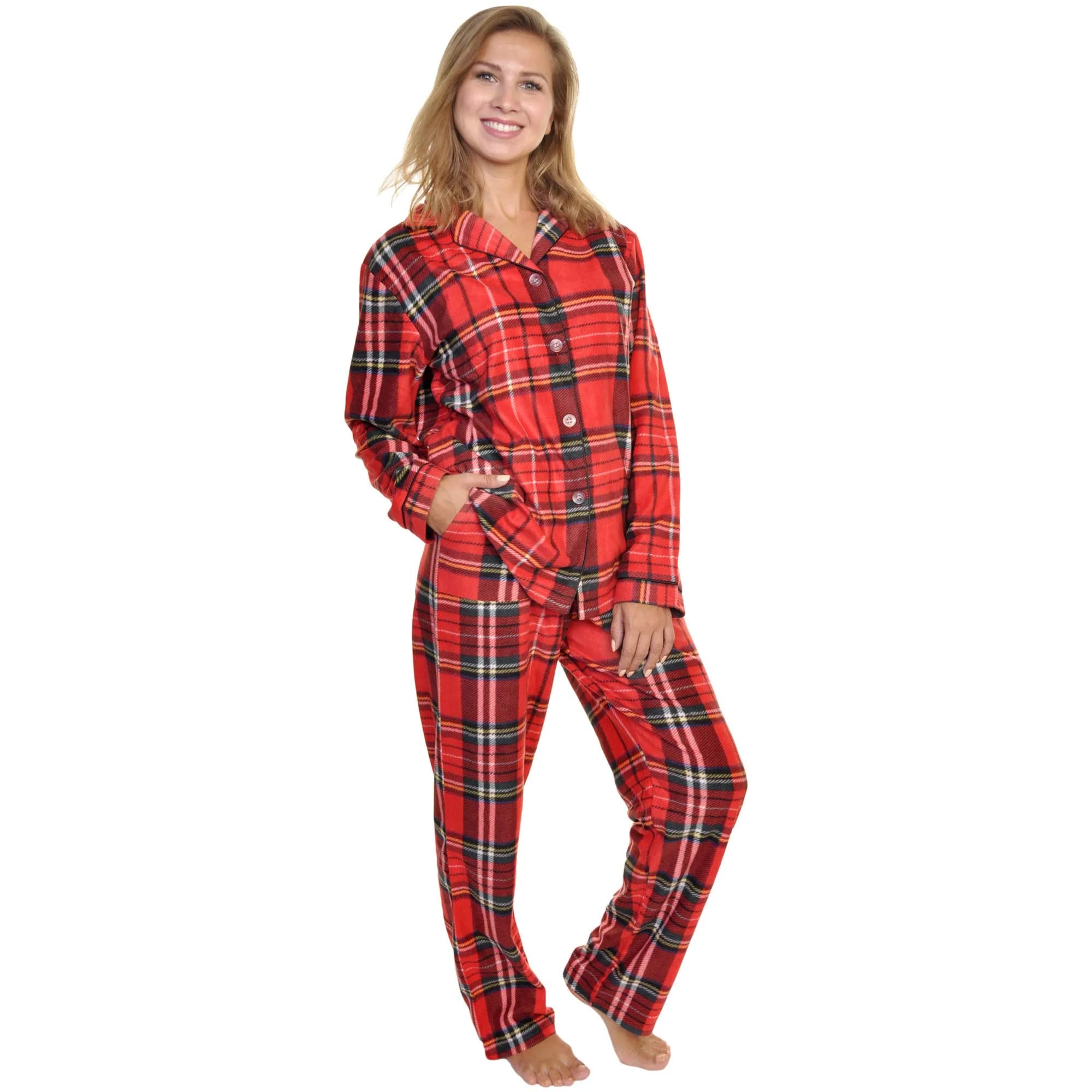 Angelina Women's Pajama Set Cozy Fleece with Notch Collar and Pockets | PJ56_L | Holiday Christmas Plaid