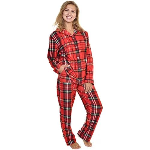 Angelina Women's Pajama Set Cozy Fleece with Notch Collar and Pockets | PJ56_L | Holiday Christmas Plaid thumbnail 1