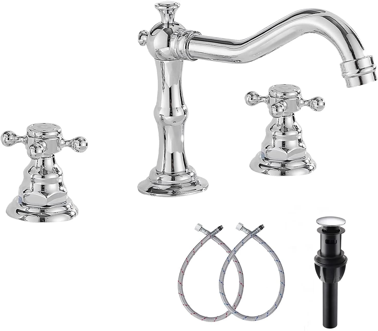 GGStudy Two Handles Three Holes Bathroom Sink Faucet Chrome 8-16 inch | Widespread 3-Hole Design