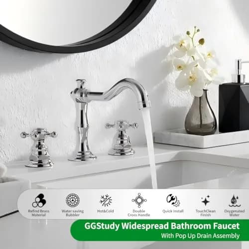 GGStudy Two Handles Three Holes Bathroom Sink Faucet Chrome 8-16 inch | Widespread 3-Hole Design thumbnail 2