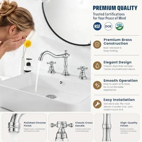 GGStudy Two Handles Three Holes Bathroom Sink Faucet Chrome 8-16 inch | Widespread 3-Hole Design thumbnail 3