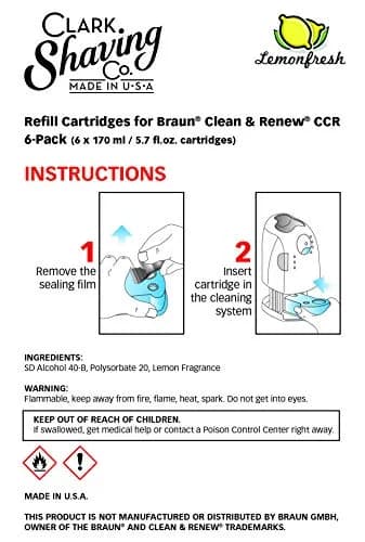 Clark Shaving Co. Clean & Renew Refill Cartridges for Braun Shavers, 6-Pack | Lemon Fresh Alcohol-Based Cleaning Solution thumbnail 2