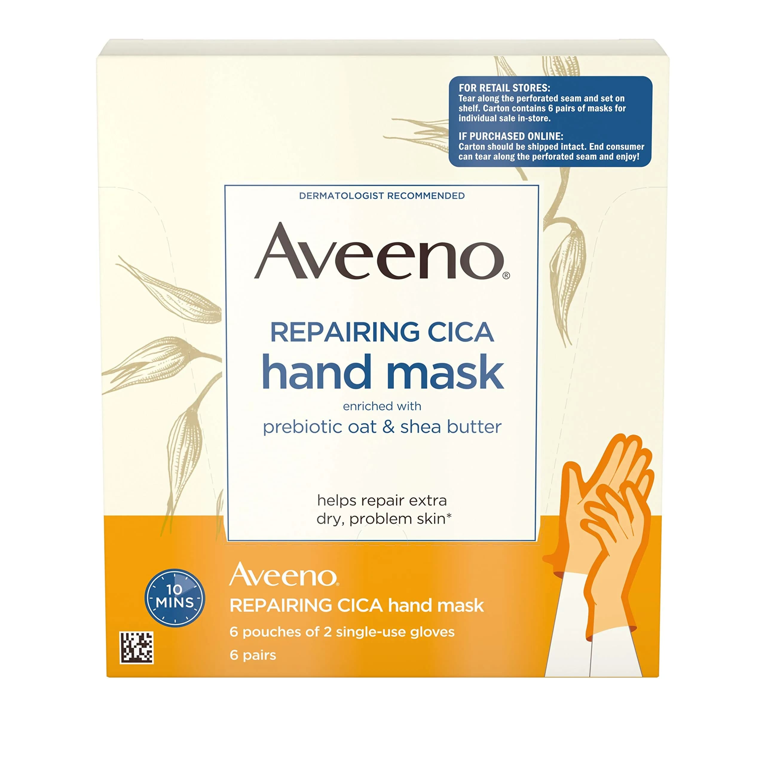 Aveeno Repairing Cica Hand Mask With Prebiotic Oat and Shea Butter, 6 Count | Restores Moisture to Extra Dry Skin — White