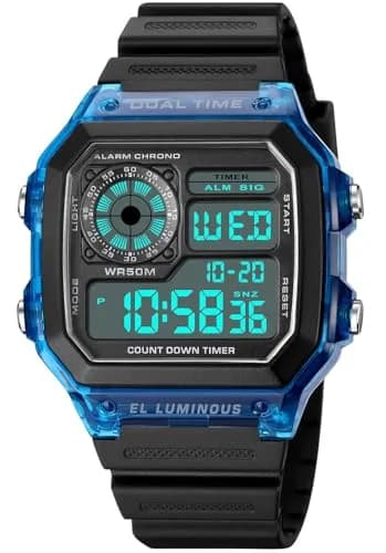 PASOY Men's Digital Sport Watch Waterproof Dual Time Stopwatch Countdown | Water-Resistant 50M, Lightweight & Durable thumbnail 1