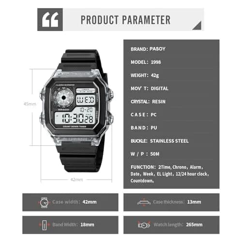 PASOY Men's Digital Sport Watch 43mm (1.7 inch) Dual Time Stopwatch Countdown | 50M Water Resistant Sport Watch thumbnail 7