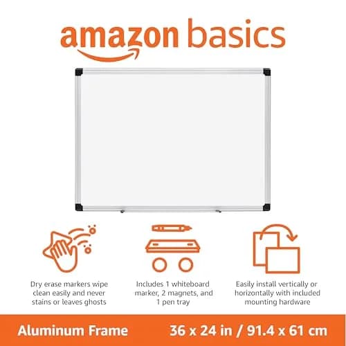 Amazon Basics Magnetic Dry Erase Whiteboard 36"W x 24"H Aluminum Frame | Smooth Surface for Office & Home Use thumbnail 2