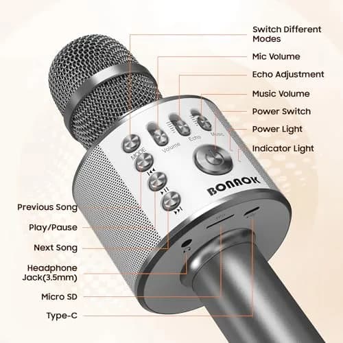 BONAOK Q37 Bluetooth Karaoke Microphone, Space Gray | Portable Wireless Mic with Speaker & Echo for Adults & Kids thumbnail 5
