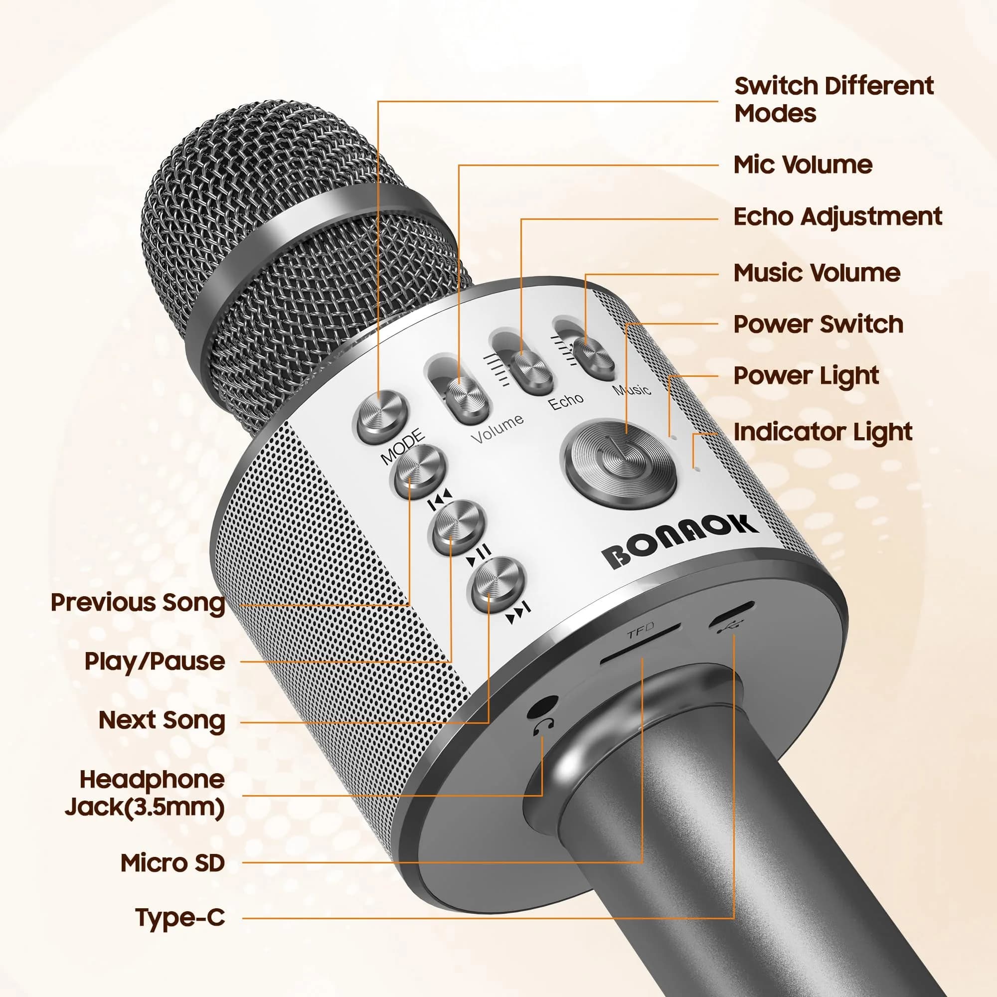 BONAOK Q37 Bluetooth Karaoke Microphone, Space Gray | Portable Wireless Mic with Speaker & Echo for Adults & Kids - view 5