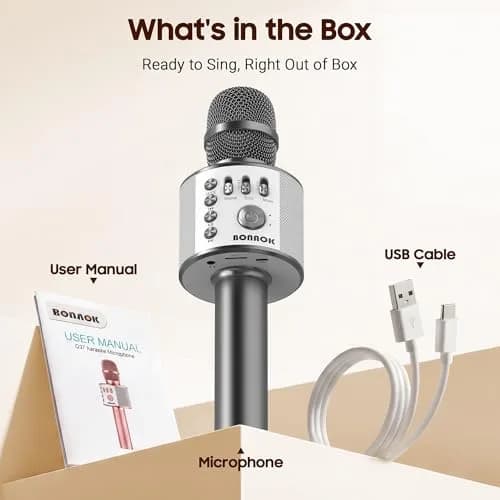 BONAOK Q37 Bluetooth Karaoke Microphone, Space Gray | Portable Wireless Mic with Speaker & Echo for Adults & Kids thumbnail 8
