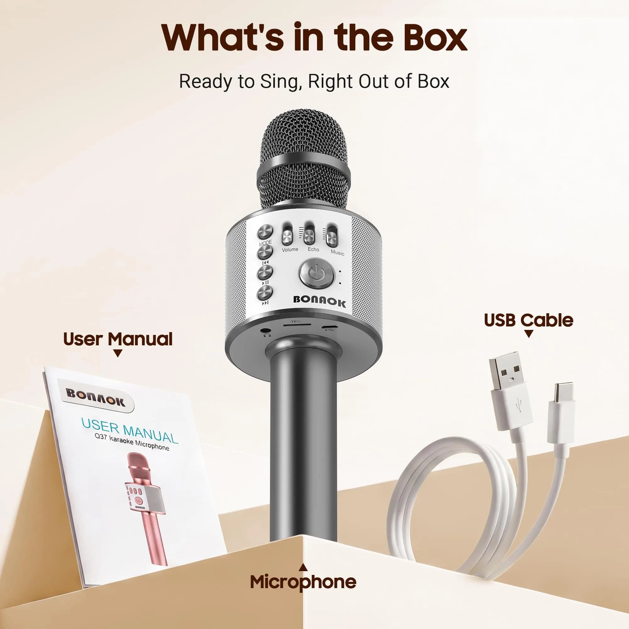 BONAOK Q37 Bluetooth Karaoke Microphone, Space Gray | Portable Wireless Mic with Speaker & Echo for Adults & Kids - view 8