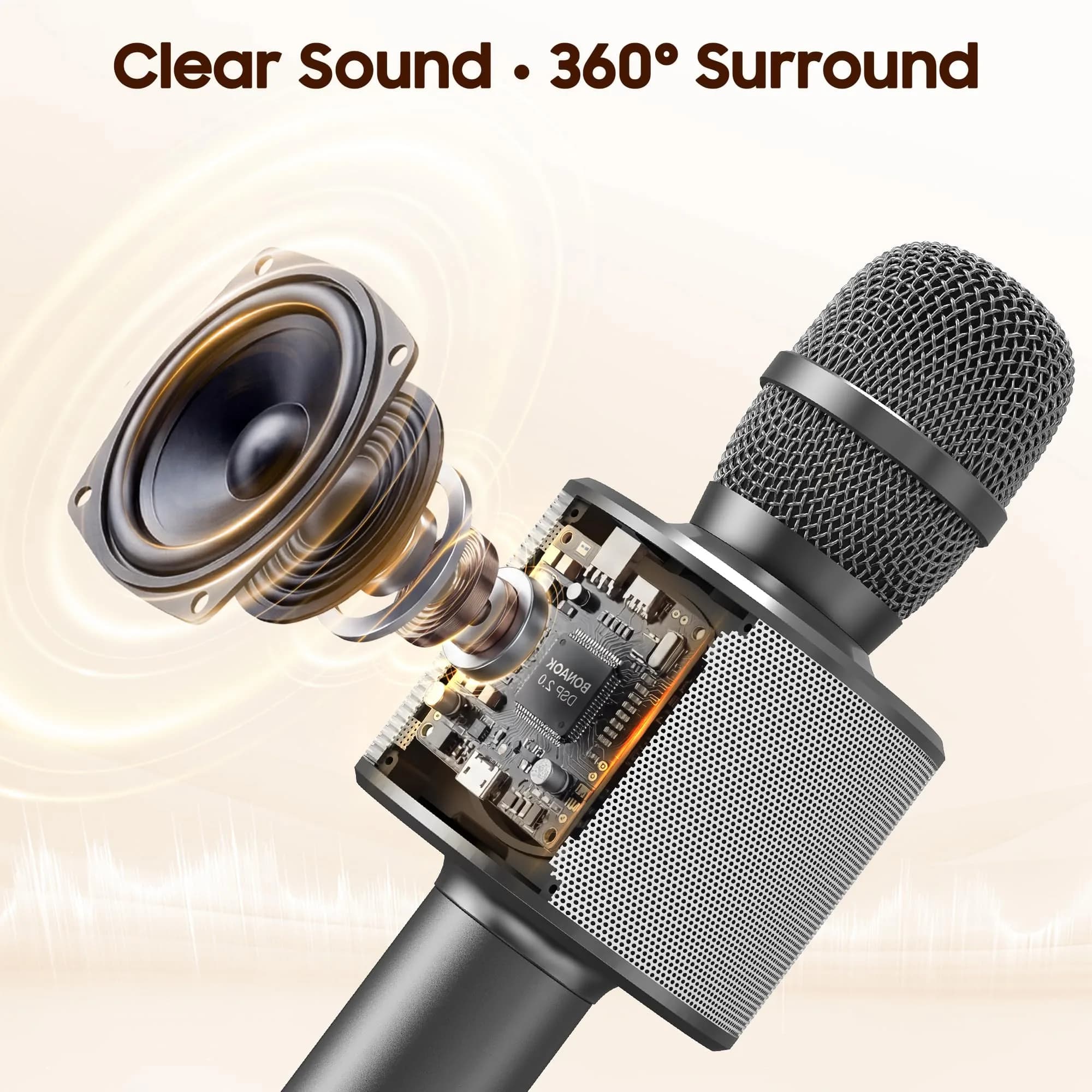BONAOK Q37 Bluetooth Karaoke Microphone, Space Gray | Portable Wireless Mic with Speaker & Echo for Adults & Kids - view 2