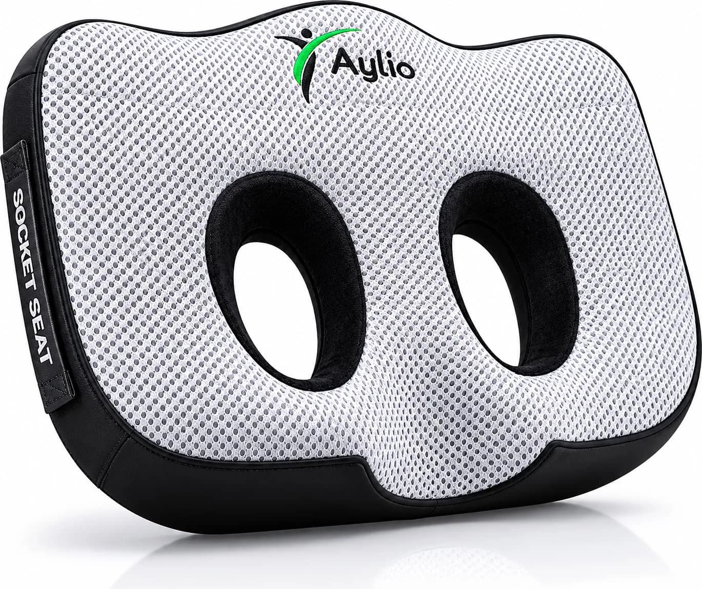 Aylio Socket Seat Cushion – Twin Cutout Sit Bone & Tailbone Pressure Relief 46cm (18.5") x 37cm (14.5") x 6cm (2.5") | Firm High-Density Memory Foam for Office, Car, Gaming — Gray/Black