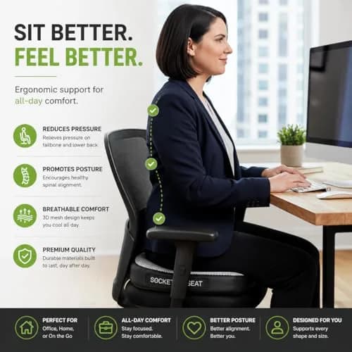 Aylio Socket Seat Cushion – Twin Cutout Sit Bone & Tailbone Pressure Relief 46cm (18.5") x 37cm (14.5") x 6cm (2.5") | Firm High-Density Memory Foam for Office, Car, Gaming thumbnail 5