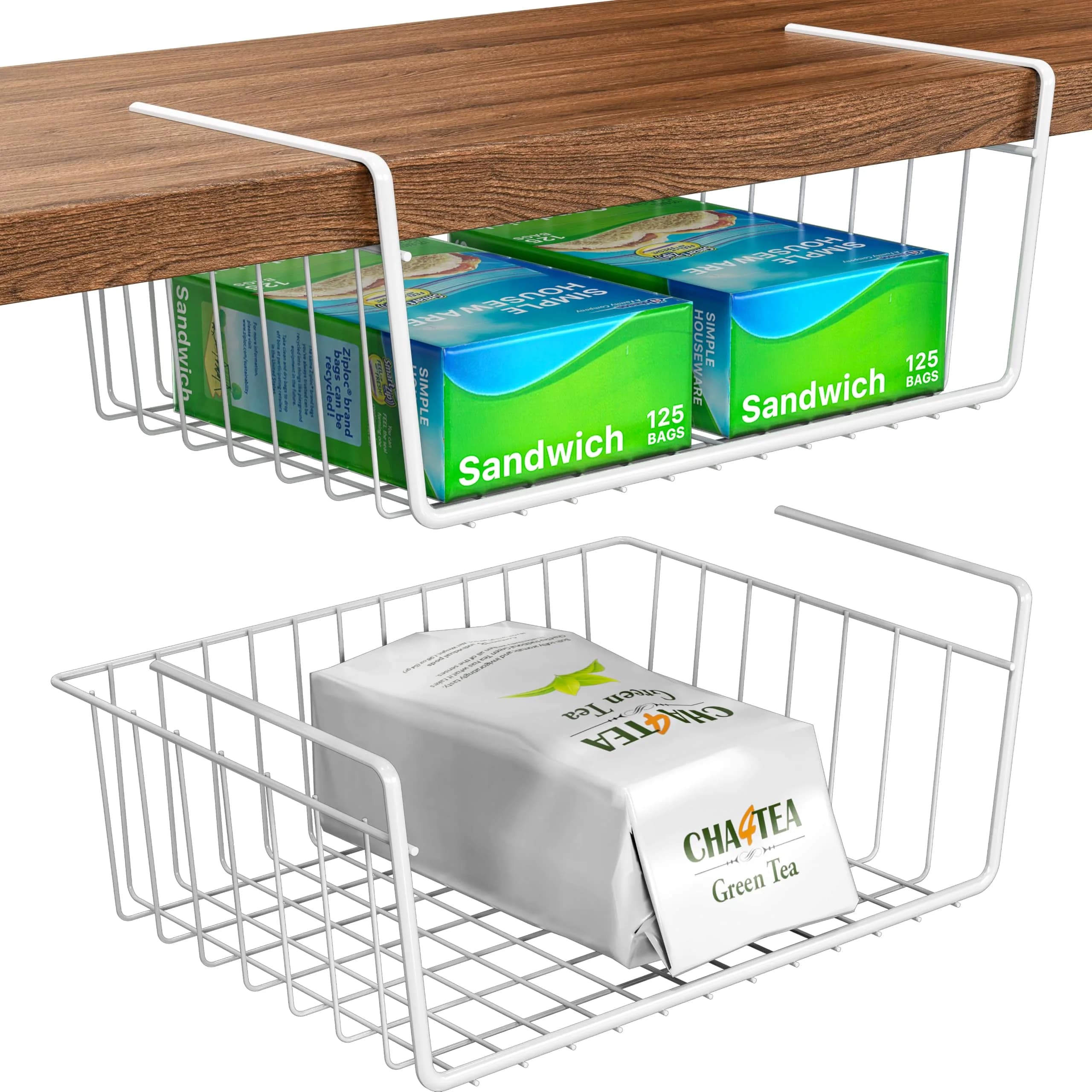 Simple Houseware 2-Pack Under Shelf Wire Metal Basket Shelf, White | Space-Saving Kitchen Organizer — White