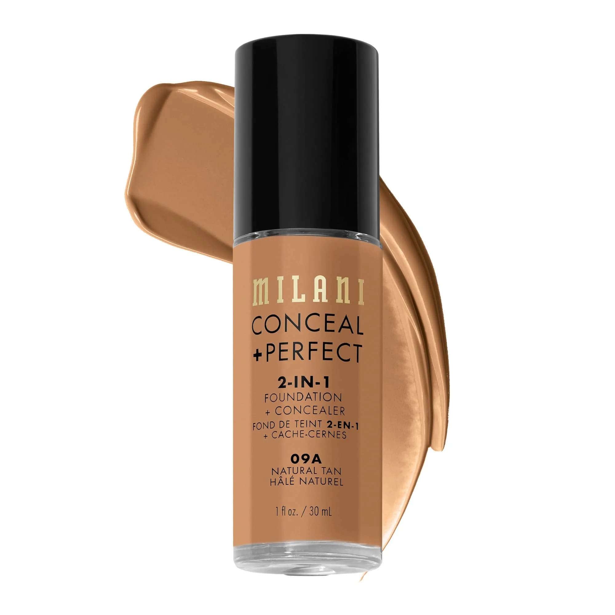 Milani Conceal + Perfect 2-in-1 Foundation + Concealer 09A-Natural Tan 30ml (1 Fl Oz) | Lightweight Full Coverage for All Skin Types — 09A-Natural Tan