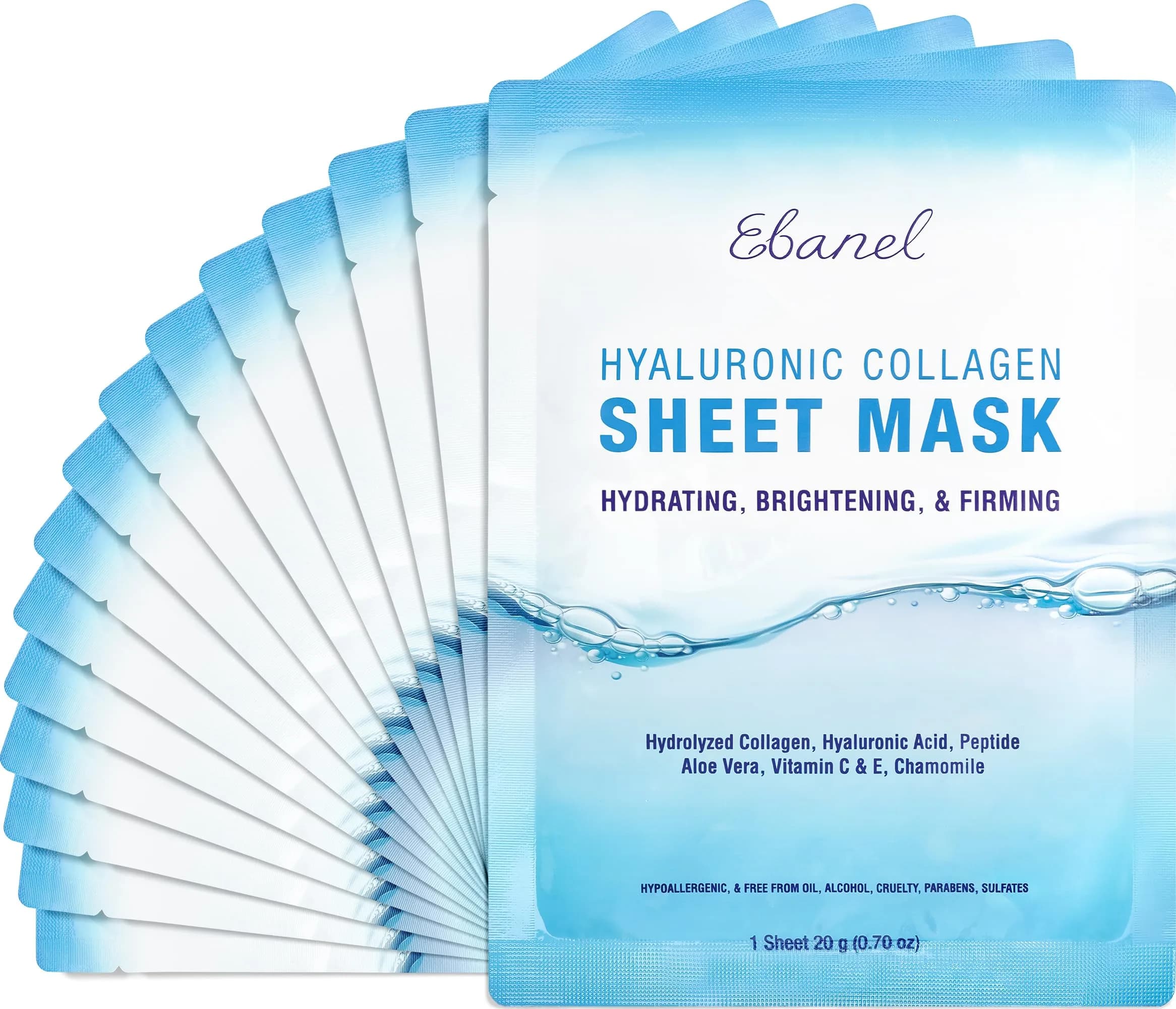 Ebanel Collagen Face Mask with Hyaluronic Acid & Vitamin C | Hydrating, Brightening & Firming Sheet Mask for Sensitive Skin, 15-Pack — 0.7 Ounce
