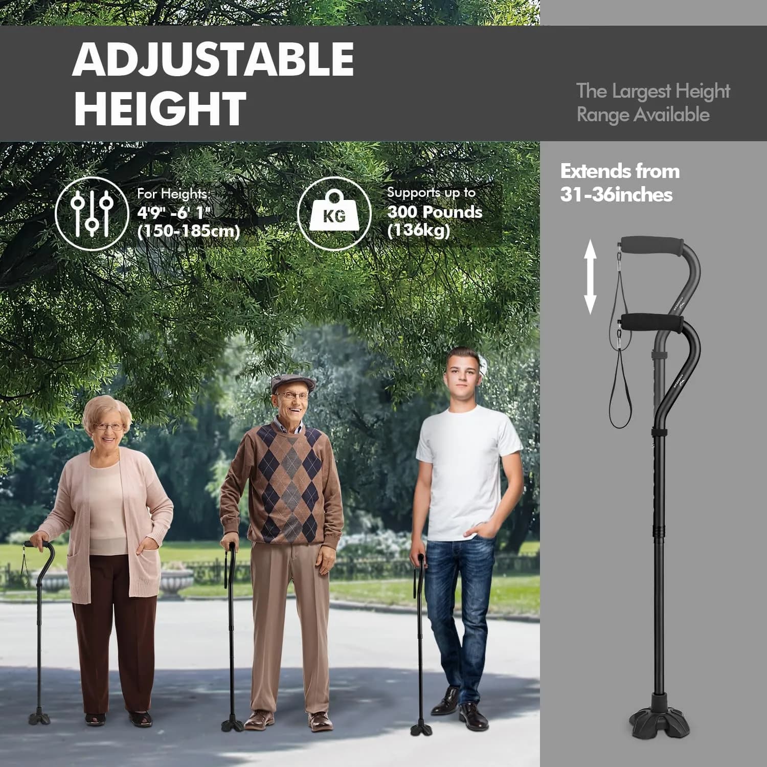 KINGGEAR Self Standing Quad Cane with Offset Handle 31-36" | Lightweight Aluminum Mobility Aid thumbnail 6