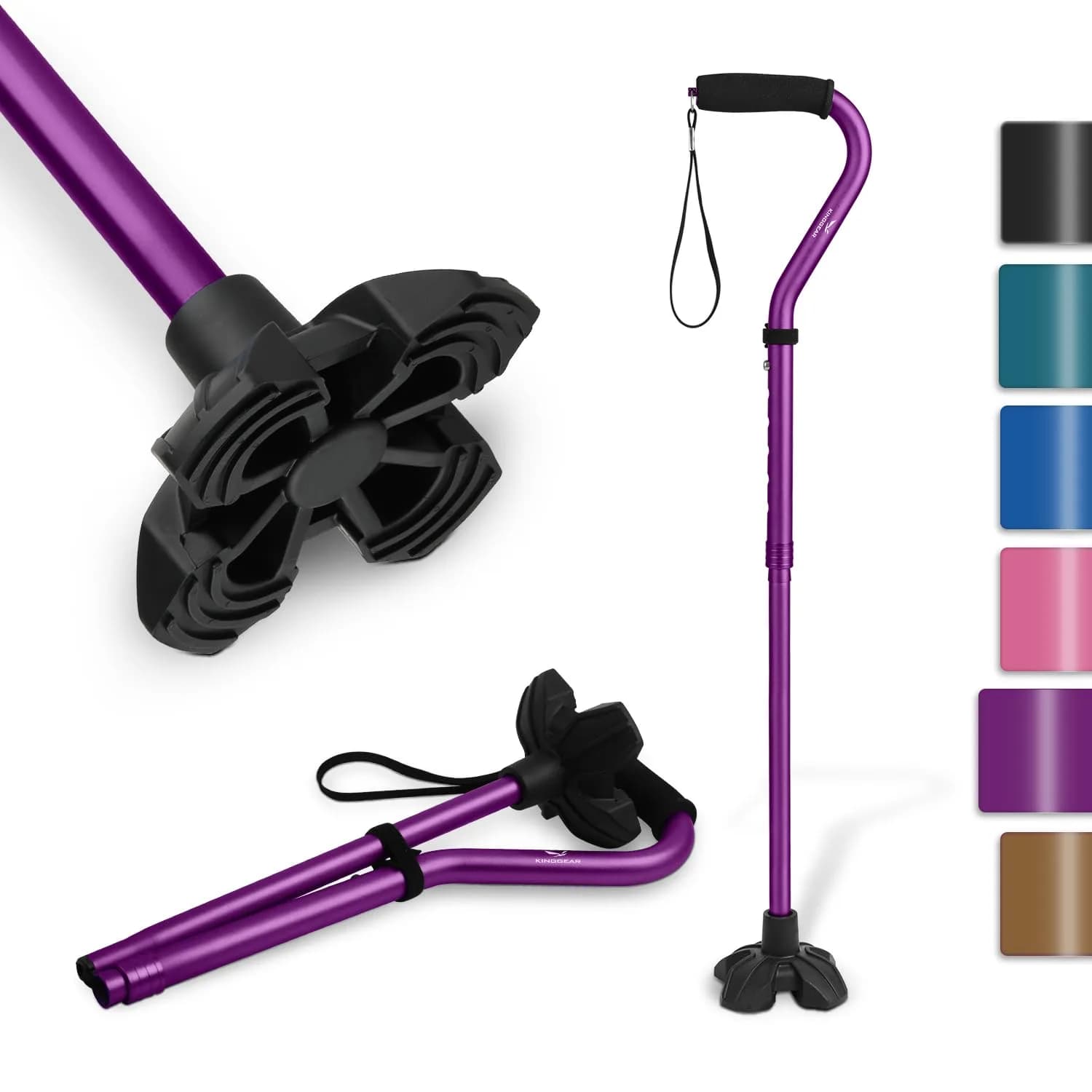 KINGGEAR Self Standing Quad Cane with Offset Handle 31-36" | Lightweight Aluminum Mobility Aid thumbnail 1