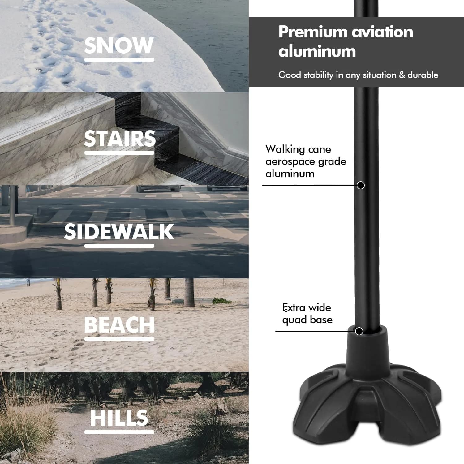 KINGGEAR Self Standing Quad Cane with Offset Handle 31-36" | Lightweight Aluminum Mobility Aid thumbnail 3
