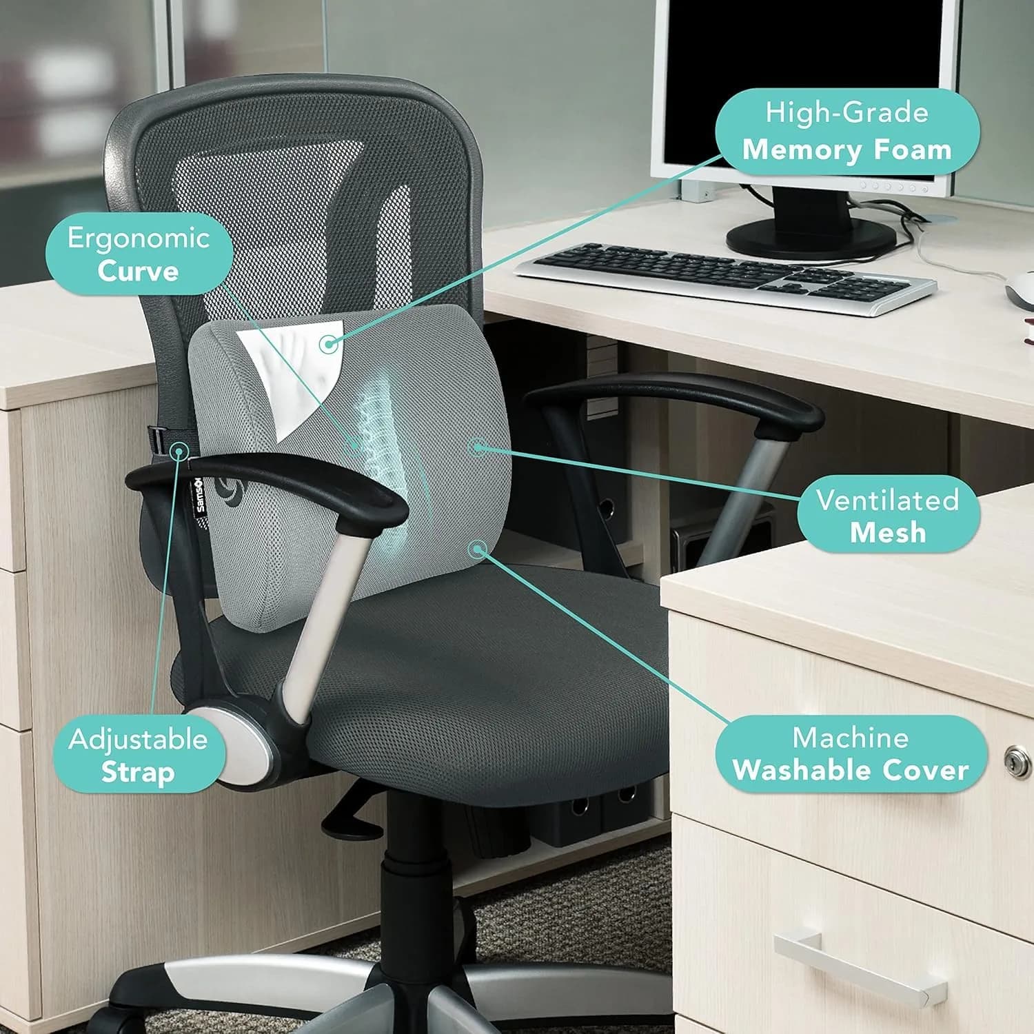 Samsonite Memory Foam Lumbar Support Pillow for Office Chair, Gaming Chair & Car Seat | Ergonomic Back Cushion for Sitting Comfort - view 6
