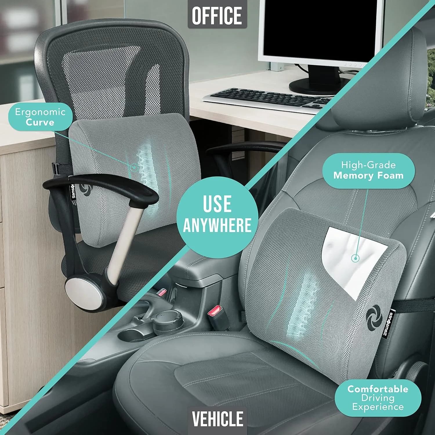 Samsonite Memory Foam Lumbar Support Pillow for Office Chair, Gaming Chair & Car Seat | Ergonomic Back Cushion for Sitting Comfort - view 2