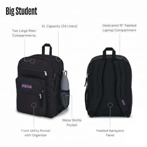 JanSport Big Student Black Laptop Backpack 34L (1.2 cu ft) | Durable & Spacious for School, Work, Travel thumbnail 4