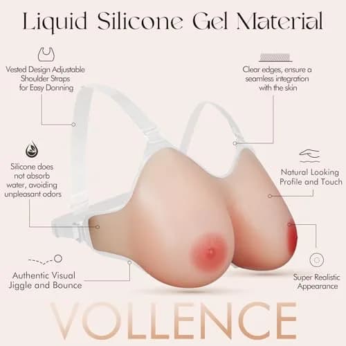 Vollence Silicone Breast Forms for Mastectomy, B-G Cup | Realistic, Adjustable Straps, 600-2800g thumbnail 2