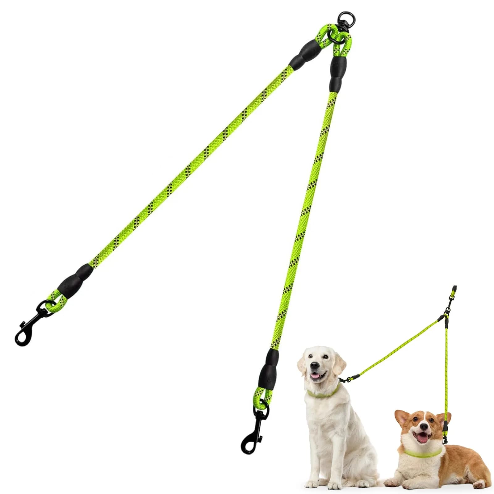 Taglory Double Dog Leash Coupler for Two Dogs, 30 Inch (76.2 cm) Green | Tangle-Free Walks with Reflective Rope — Green